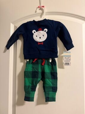 Cat & Jack Baby Bear Sweatshirt & Green Buffalo Plaid Pants Set NWT Newborn